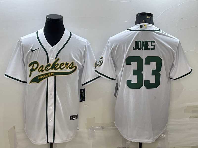 Men%27s Green Bay Packers #33 Aaron Jones White With Patch Cool Base Stitched Baseball Jersey->green bay packers->NFL Jersey